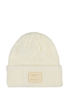 Cozy white knit beanie with a folded cuff and a stylish ROXY BNKY logo patch, perfect for kids' winter wear.