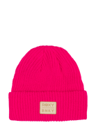 Bright pink knit beanie with a folded cuff and a branded patch, perfect for stylish infants and toddlers.
