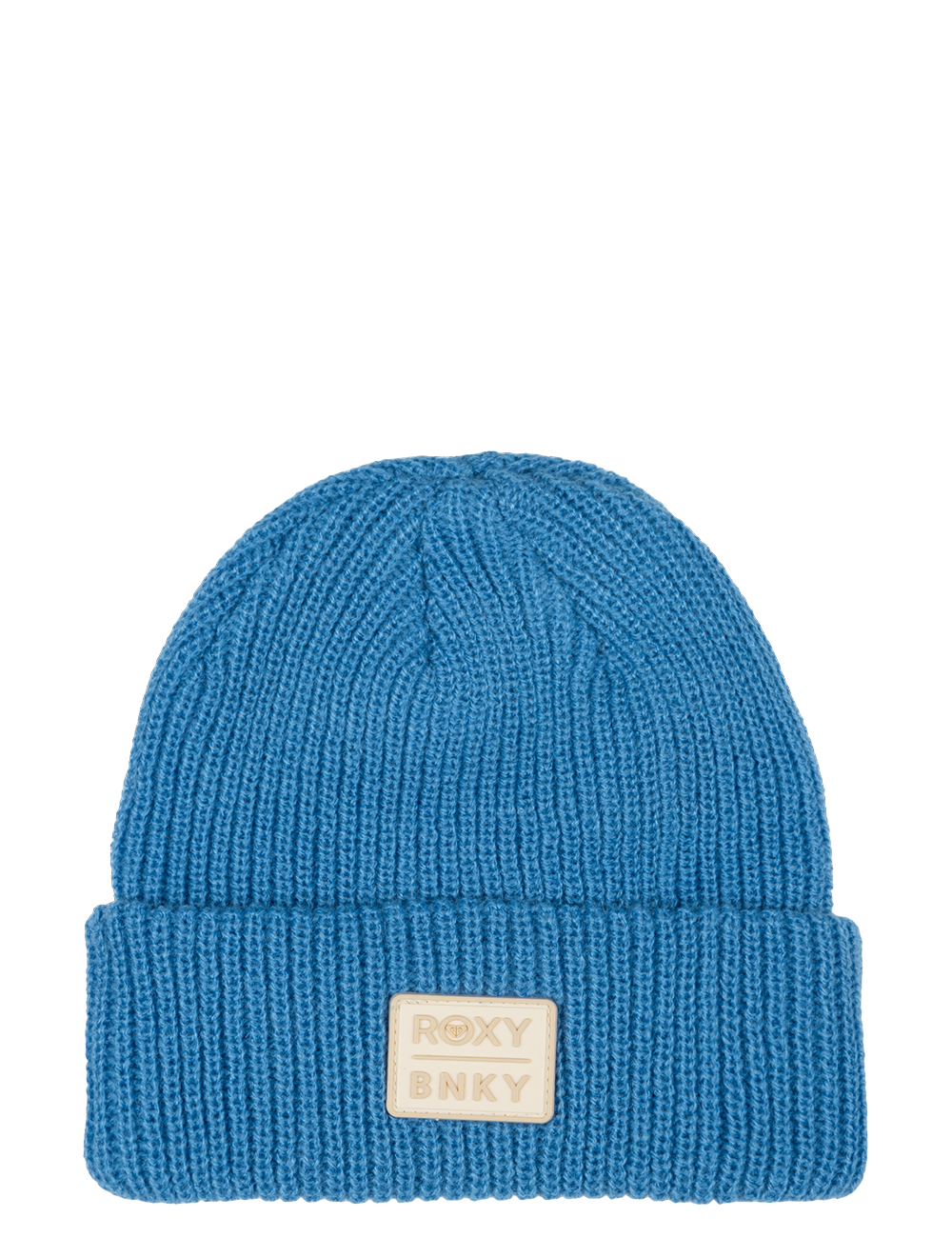 Cozy blue knit beanie with a folded cuff and a cream logo patch, perfect for stylish warmth in colder weather.