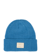 Cozy blue knit beanie with a folded cuff and a cream logo patch, perfect for stylish warmth in colder weather.