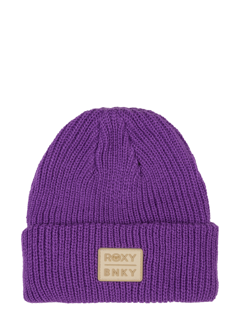 Purple knit beanie featuring a leather logo patch, perfect for stylish warmth in any outdoor adventure.