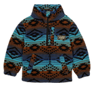 Cozy luxury fleece pullover in blue and brown geometric patterns, featuring a front pocket and BinkyBro logo.