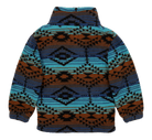 Cozy luxury fleece jacket featuring a vibrant geometric pattern in blue, brown, and black, perfect for stylish warmth.