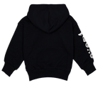 Black hoodie for kids featuring a cozy hood and graphic design on the sleeve, perfect for stylish comfort.
