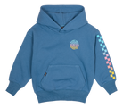 Blue hooded sweatshirt for kids featuring a colorful logo and checkered design on the sleeve. Ideal for stylish, active youth.