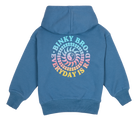Blue hoodie featuring a colorful spiral graphic with the text "Binky Bro. Everyday is Rad" on the back. Perfect for kids.