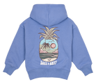 Blue hoodie featuring a pineapple graphic with a sunset and beach scene, designed for kids by BNKY and Roxy.