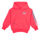 Coral hooded sweatshirt featuring a front pocket and colorful graphic on the sleeve, perfect for stylish kids.