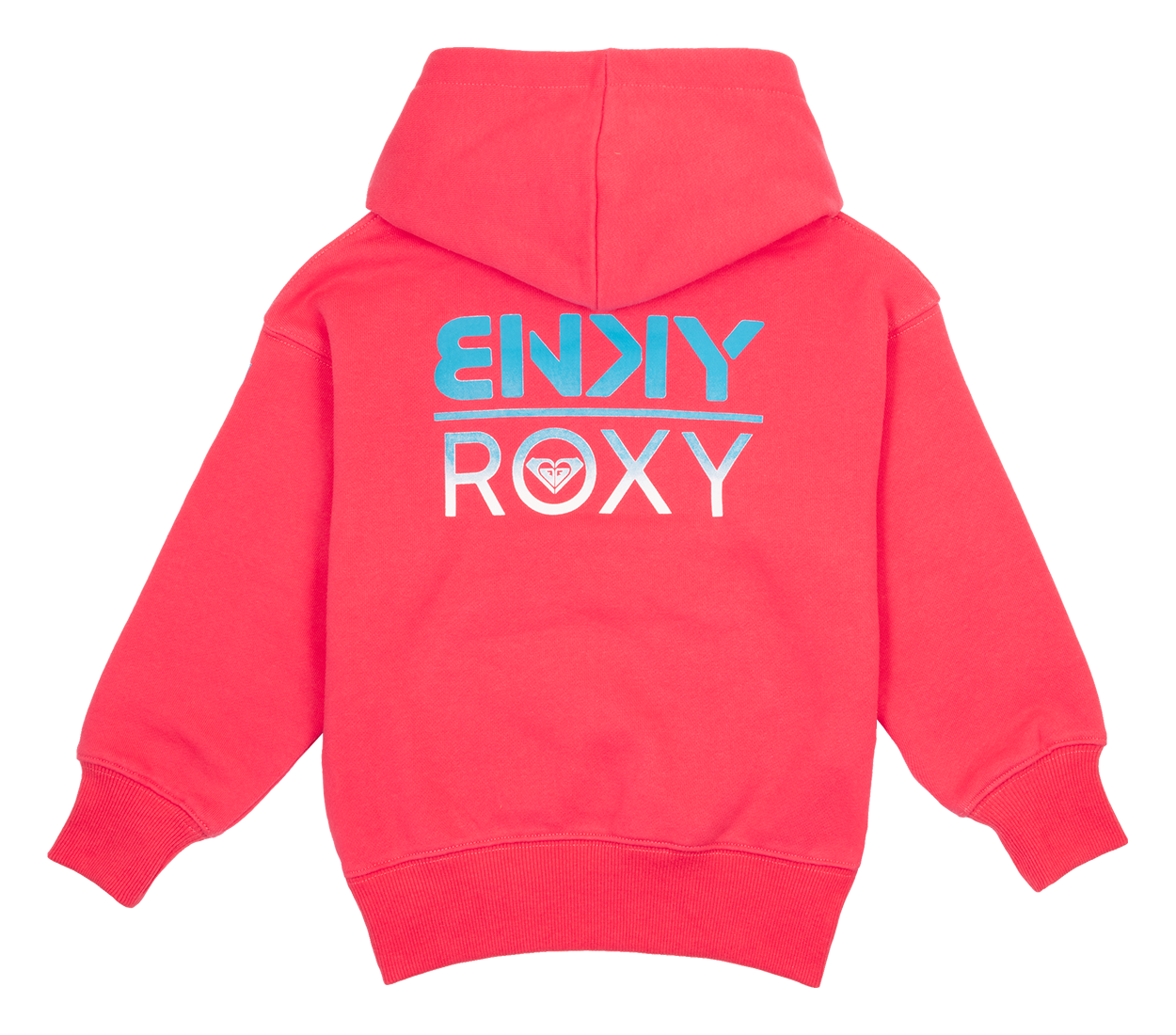 Coral hooded sweatshirt featuring bold blue and white BNKY and Roxy branding on the back, perfect for active youth.