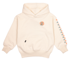 Cream-colored floral hooded sweatshirt featuring a front pocket and colorful side stripes, designed for kids.