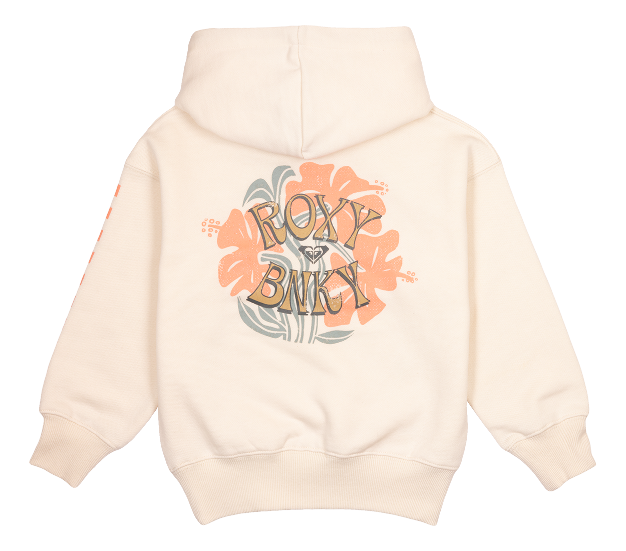 Cream-colored floral hoodie featuring a vibrant Roxy and BNKY graphic on the back, perfect for stylish kids.