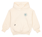 Cream-colored hoodie featuring a front pocket and a circular logo design on the chest, perfect for stylish kids.