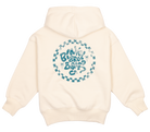 Cream hoodie featuring a circular graphic with "BinkyBro" and palm trees, perfect for stylish kids' casual wear.