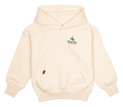 Cream-colored hoodie with a front pocket and green BinkyBro logo, designed for infants and toddlers. Stylish and cozy.