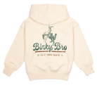 Cream-colored hoodie featuring a vintage-style graphic of a rider on a horse with "Binky Bro" text, ideal for kids.