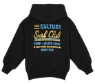 Black hoodie featuring "The Culture Surf Club" graphic in vibrant blue and yellow, promoting a surf and skate lifestyle.