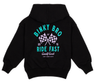 Black hoodie featuring "Binky Bro Ride Fast" with checkered flags and established date, perfect for young racing enthusiasts.