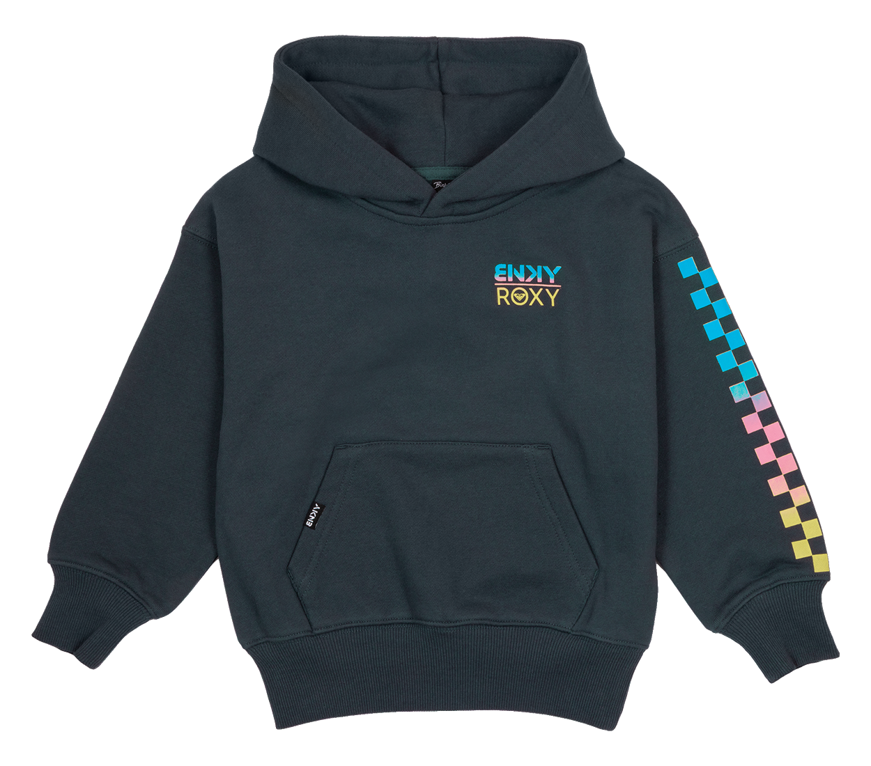 Navy hooded sweatshirt featuring Roxy logo and colorful checkered design on the sleeve, perfect for kids' active lifestyles.
