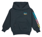 Navy hooded sweatshirt featuring Roxy logo and colorful checkered design on the sleeve, perfect for kids' active lifestyles.