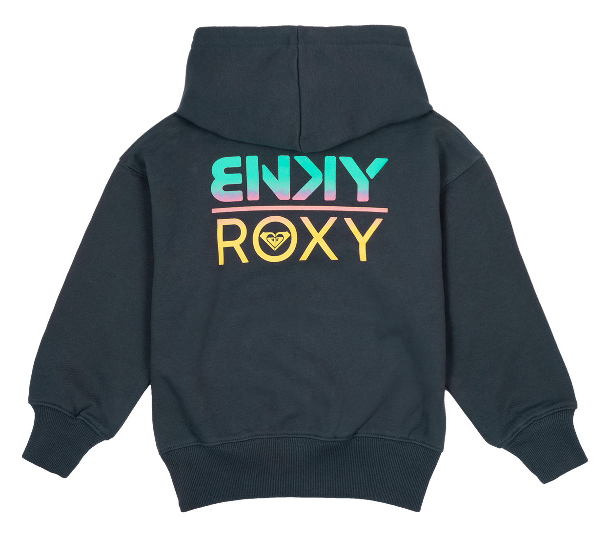 Navy hooded sweatshirt featuring a colorful BNKY and Roxy logo on the back, designed for stylish youth wear.