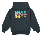 Navy hooded sweatshirt featuring a colorful BNKY and Roxy logo on the back, designed for stylish youth wear.