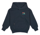 Navy blue hoodie for kids featuring a palm tree and wave graphic, perfect for a surf-inspired look.