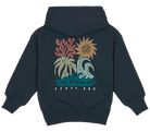 Navy hoodie featuring a vibrant ocean-themed graphic with waves, sun, and coral, perfect for stylish kids.
