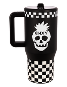 Black travel mug featuring a skull design and checkerboard pattern, perfect for on-the-go hydration for kids.