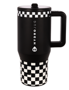 Stylish black and white checkered travel mug featuring the HydroJug logo, perfect for on-the-go hydration.