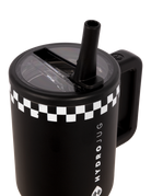 BNKY Skelly x Hydrojug Traveler features a sleek black design with a checkered pattern and a straw for easy sipping.