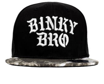 Stylish black snapback hat with bold white "Binky Bro" embroidery and a unique patterned brim, perfect for kids.