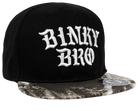Stylish black snapback hat featuring bold white "Binky Bro" embroidery and a unique patterned brim. Perfect for kids.