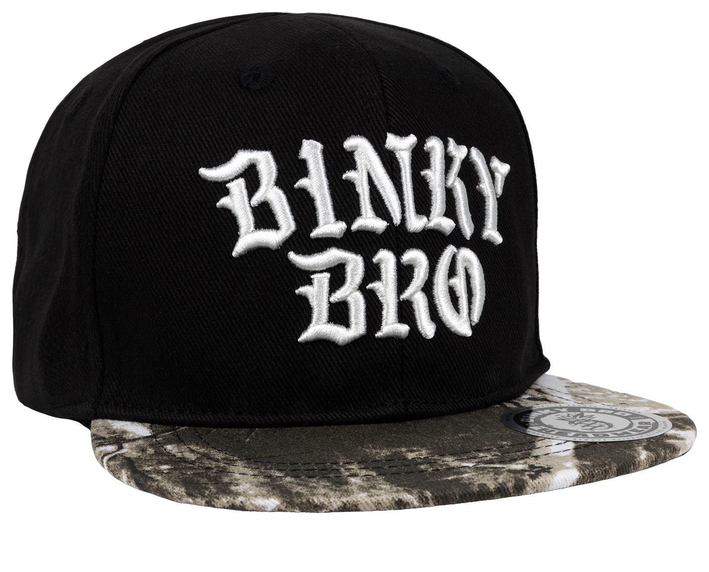 Stylish black snapback hat featuring bold white "Binky Bro" embroidery and a unique patterned brim. Perfect for kids.