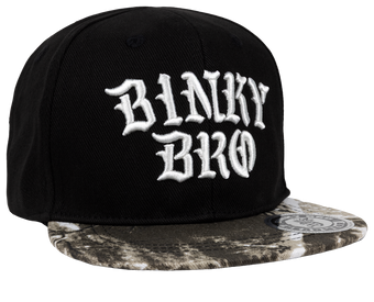 Stylish black snapback hat featuring bold white "Binky Bro" embroidery and a unique patterned brim. Perfect for kids.