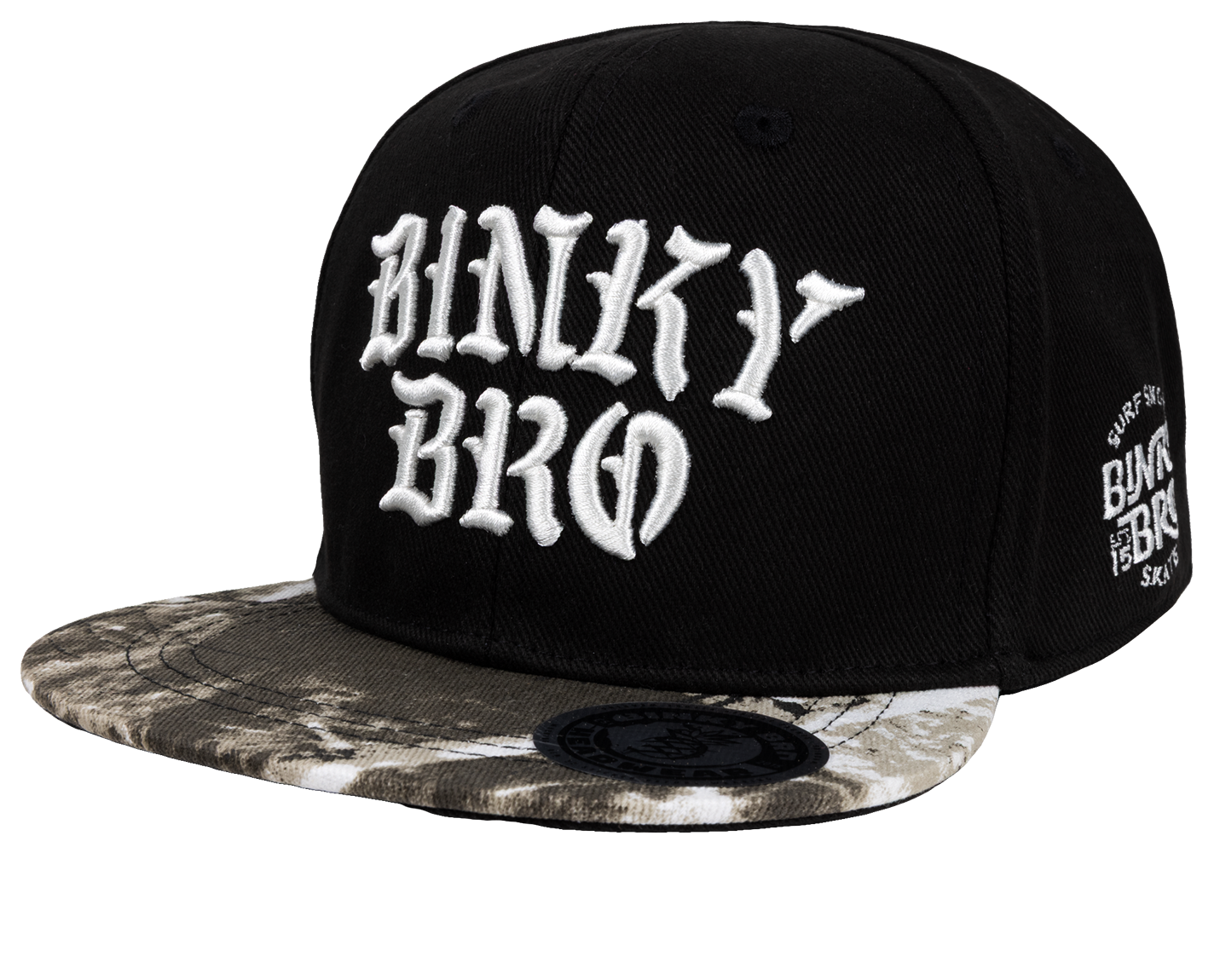 Stylish black snapback hat with bold white BinkyBro logo and a unique patterned brim, perfect for kids and youth.