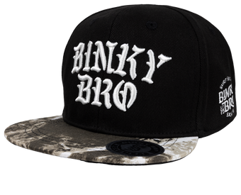 Stylish black snapback hat with bold white BinkyBro logo and a unique patterned brim, perfect for kids and youth.