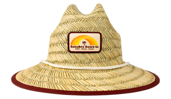 Stylish straw sun hat with a wide brim, featuring a BinkyBro Board Co. logo patch and a decorative rope band.