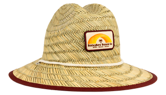 Stylish straw sun hat with a maroon trim and BinkyBro Board Co logo, perfect for kids' outdoor adventures.