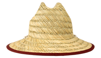 Stylish straw sun hat with a wide brim and maroon trim, perfect for infants and toddlers. Ideal for outdoor adventures.