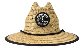 Stylish straw sun hat from BinkyBro's Saltwater Collection, featuring a black logo patch and a wide brim for sun protection.