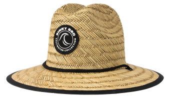 Stylish straw sun hat from BinkyBro featuring a black logo patch, perfect for outdoor adventures and sunny days.