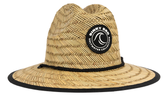 Stylish straw sun hat from BinkyBro featuring a black logo patch and a wide brim for sun protection. Perfect for kids.