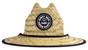 Stylish straw sun hat from BinkyBro featuring a round logo patch, perfect for surf, snow, and skate adventures.