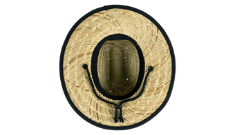 Stylish straw sun hat with a black band and adjustable chin strap, perfect for outdoor adventures.