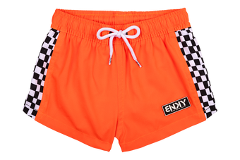Bright orange swim shorts featuring black and white checkered side panels and a drawstring waist, perfect for active youth.