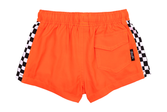 Bright orange swim shorts featuring checkered side panels and a back pocket, perfect for active youth.