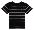 Black striped t-shirt for kids featuring white stripes and a small pocket, perfect for a stylish casual look.