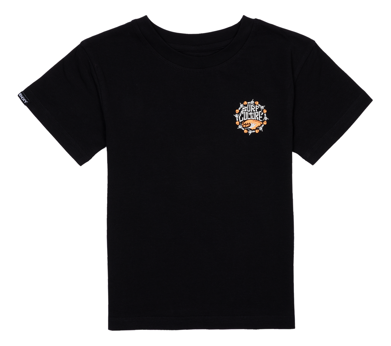 Black t-shirt featuring a colorful "Surf Culture" graphic on the chest, designed for kids with a stylish, casual vibe.