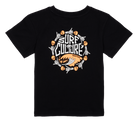 Black t-shirt featuring a vibrant "Surf Culture" graphic with skulls and surf elements, perfect for kids who love beach vibes.