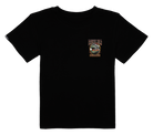 Black t-shirt featuring a colorful graphic design on the front, embodying a surf-snow-skate lifestyle for kids.